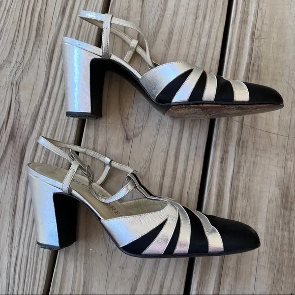 Silvia Fiorentina heels black satin silver metallic T strap Vintage 6.5 evening