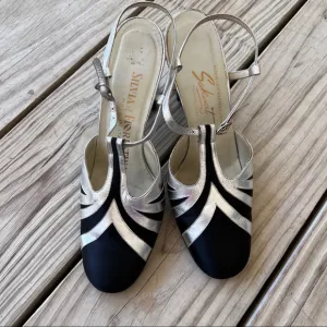 Silvia Fiorentina heels black satin silver metallic T strap Vintage 6.5 evening