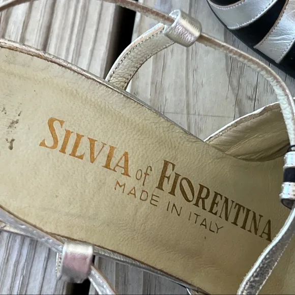 Silvia Fiorentina heels black satin silver metallic T strap Vintage 6.5 evening