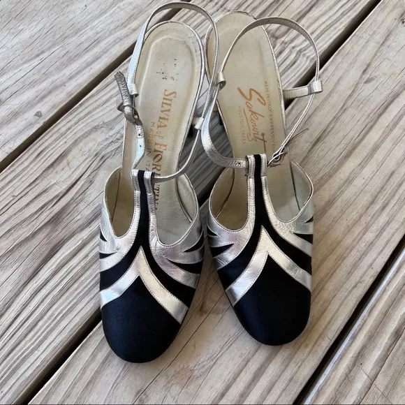Silvia Fiorentina heels black satin silver metallic T strap Vintage 6.5 evening