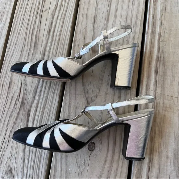 Silvia Fiorentina heels black satin silver metallic T strap Vintage 6.5 evening