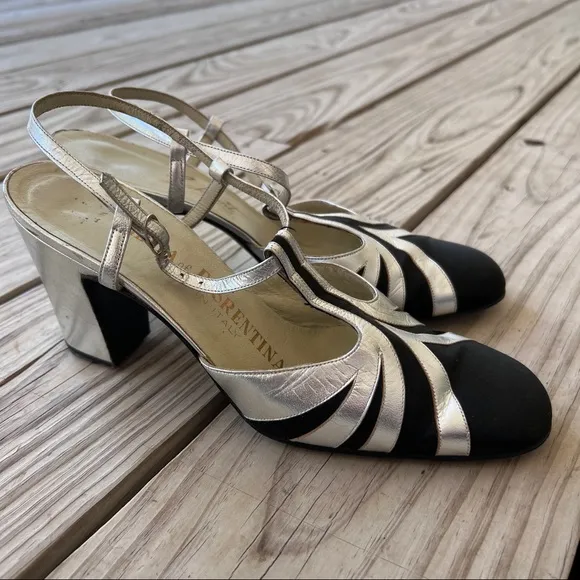Silvia Fiorentina heels black satin silver metallic T strap Vintage 6.5 evening
