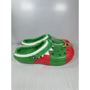 Size 13 Crocs Classic Lined Holiday Christmas Elf Fur Lined Clogs Shoe Green Red