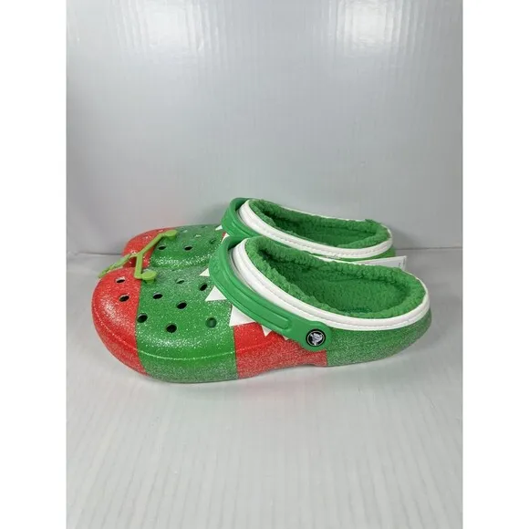 Size 13 Crocs Classic Lined Holiday Christmas Elf Fur Lined Clogs Shoe Green Red