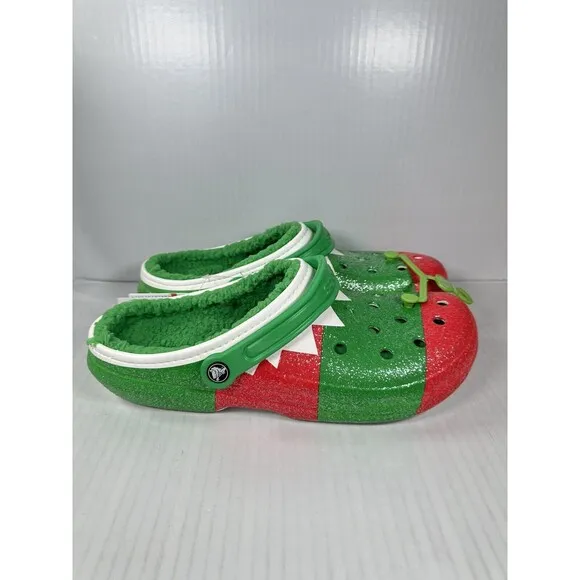Size 13 Crocs Classic Lined Holiday Christmas Elf Fur Lined Clogs Shoe Green Red