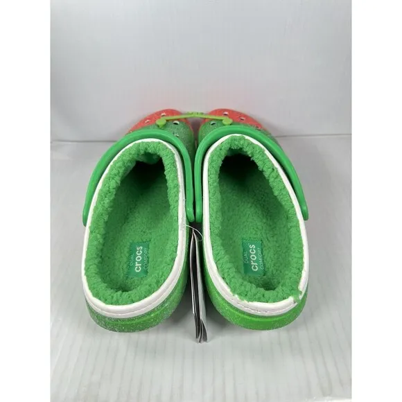 Size 13 Crocs Classic Lined Holiday Christmas Elf Fur Lined Clogs Shoe Green Red