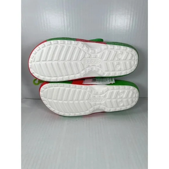Size 13 Crocs Classic Lined Holiday Christmas Elf Fur Lined Clogs Shoe Green Red