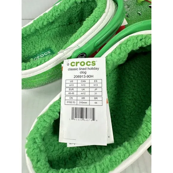 Size 13 Crocs Classic Lined Holiday Christmas Elf Fur Lined Clogs Shoe Green Red