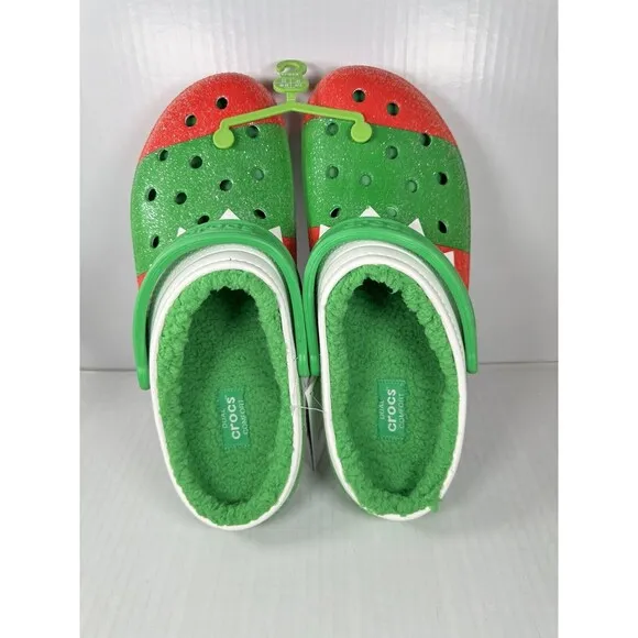 Size 13 Crocs Classic Lined Holiday Christmas Elf Fur Lined Clogs Shoe Green Red