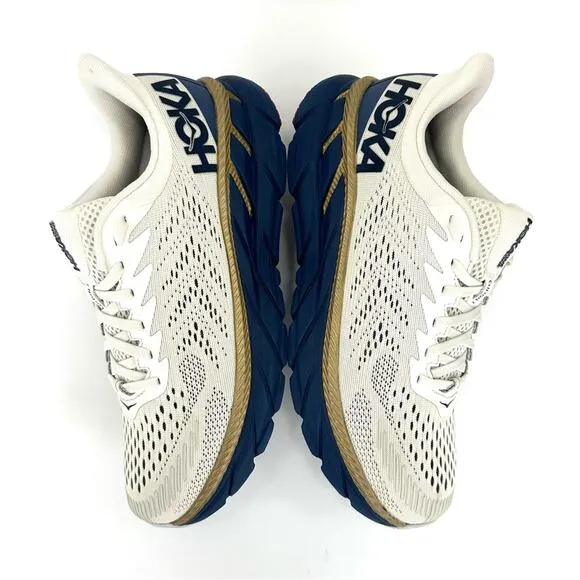 📌SOLD📌HOKA ONE ONE CLIFTON 7 OFF WHITE NAVY BLUE GOLD RUNNING ATHLEISURE SNEAKER