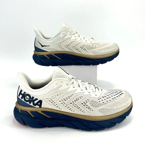 📌SOLD📌HOKA ONE ONE CLIFTON 7 OFF WHITE NAVY BLUE GOLD RUNNING ATHLEISURE SNEAKER