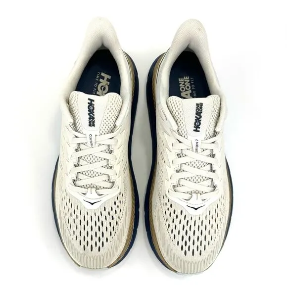 📌SOLD📌HOKA ONE ONE CLIFTON 7 OFF WHITE NAVY BLUE GOLD RUNNING ATHLEISURE SNEAKER