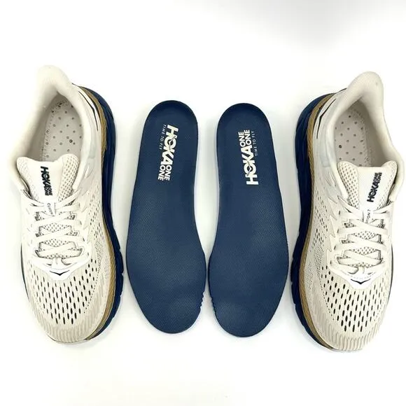 📌SOLD📌HOKA ONE ONE CLIFTON 7 OFF WHITE NAVY BLUE GOLD RUNNING ATHLEISURE SNEAKER