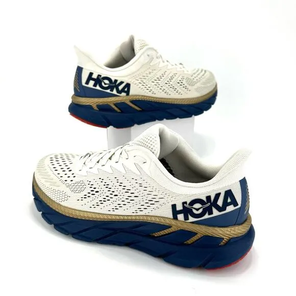 📌SOLD📌HOKA ONE ONE CLIFTON 7 OFF WHITE NAVY BLUE GOLD RUNNING ATHLEISURE SNEAKER
