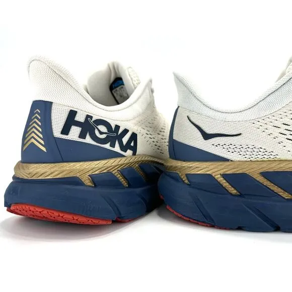 📌SOLD📌HOKA ONE ONE CLIFTON 7 OFF WHITE NAVY BLUE GOLD RUNNING ATHLEISURE SNEAKER