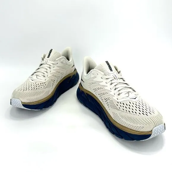 📌SOLD📌HOKA ONE ONE CLIFTON 7 OFF WHITE NAVY BLUE GOLD RUNNING ATHLEISURE SNEAKER