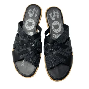 SOREL Ella Woven Leather Slide Sandals Flats Embossed Snakeskin Black 8