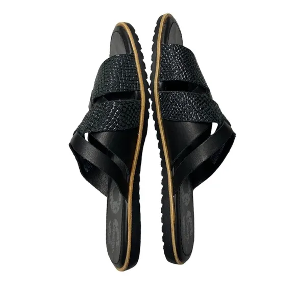 SOREL Ella Woven Leather Slide Sandals Flats Embossed Snakeskin Black 8