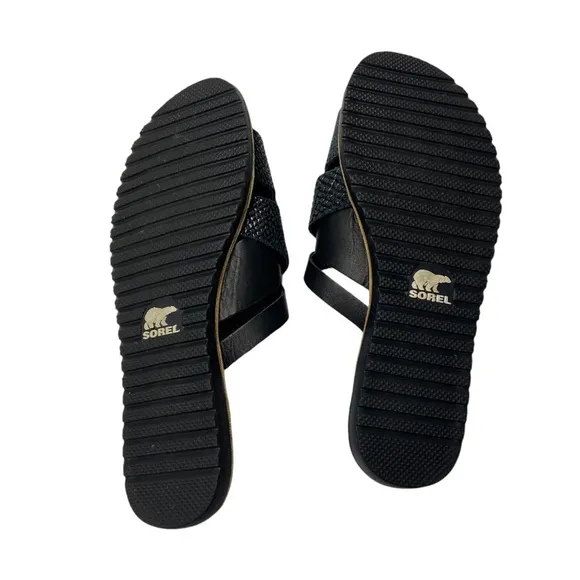 SOREL Ella Woven Leather Slide Sandals Flats Embossed Snakeskin Black 8