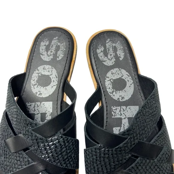 SOREL Ella Woven Leather Slide Sandals Flats Embossed Snakeskin Black 8