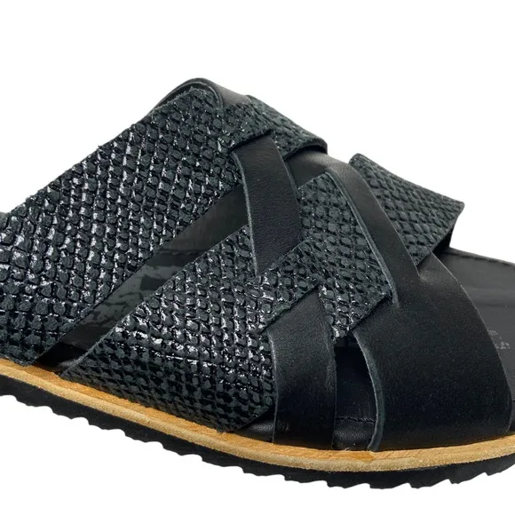 SOREL Ella Woven Leather Slide Sandals Flats Embossed Snakeskin Black 8