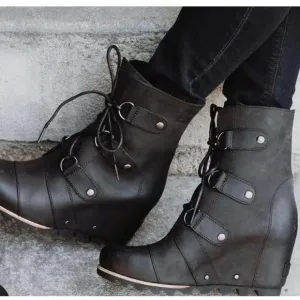 Sorel Joan Of Arctic II Wedge Lug Sole Boots Black Leather Womens Size 7.5