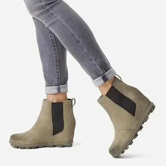 Sorel Lea Wedge Boots Chelsea Joan Arctic Leather Ankle Bootie Quarry SZ 11