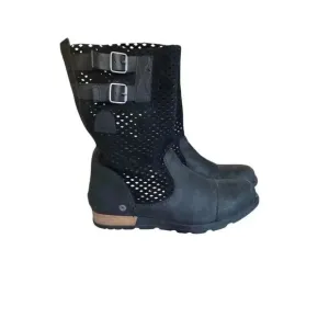 SOREL Major Pull On Cut Out Black Leather Mid Calf Ankle Slouch Boots Womens 8