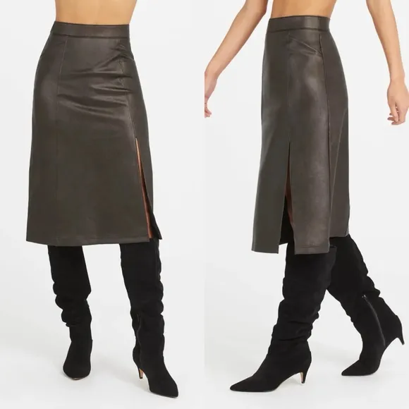 Spanx Leather-Like Midi Skirt In Black Size Small