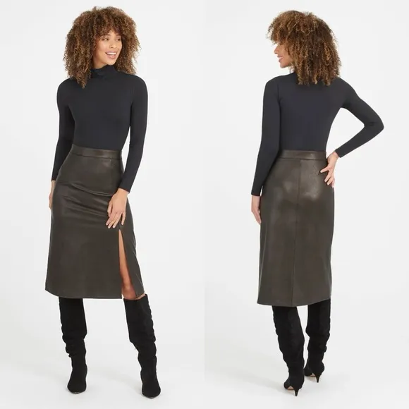 Spanx Leather-Like Midi Skirt In Black Size Small