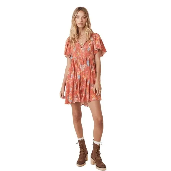 Spell and the Gypsy Meadowland Flutter Sleeve Mini Dress Poppy XS