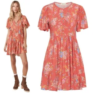 Spell and the Gypsy Meadowland Flutter Sleeve Mini Dress Poppy XS
