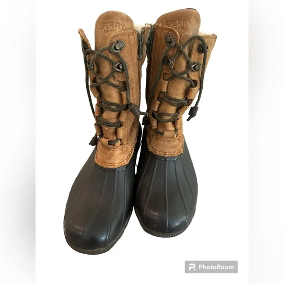 SPERRY sz 8 WOMENS SYREN TALL DUCK Waterproof Rubber Boot BROWN TAN GUC RARE