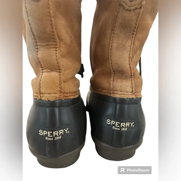 SPERRY sz 8 WOMENS SYREN TALL DUCK Waterproof Rubber Boot BROWN TAN GUC RARE