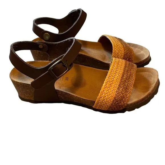 Spring Step Brown Leather Cork Wedge Woven Sandals Size 39 or 8.5 NEW