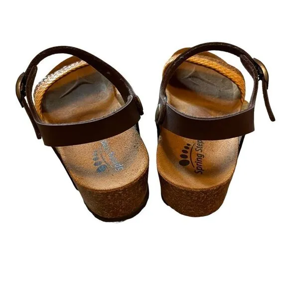 Spring Step Brown Leather Cork Wedge Woven Sandals Size 39 or 8.5 NEW