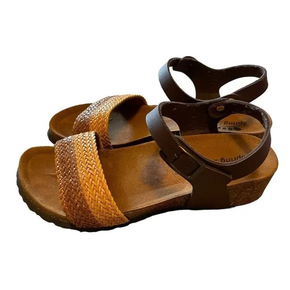 Spring Step Brown Leather Cork Wedge Woven Sandals Size 39 or 8.5 NEW
