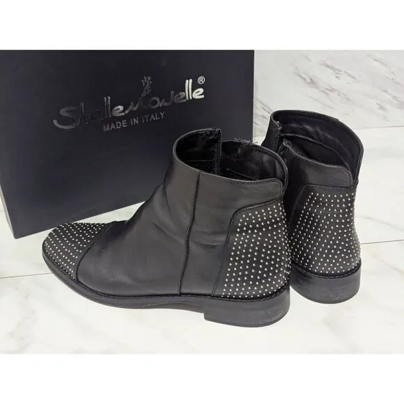 Stellemonelle Women's Black Italian Leather Silver Stud Embellished Ankle Boots