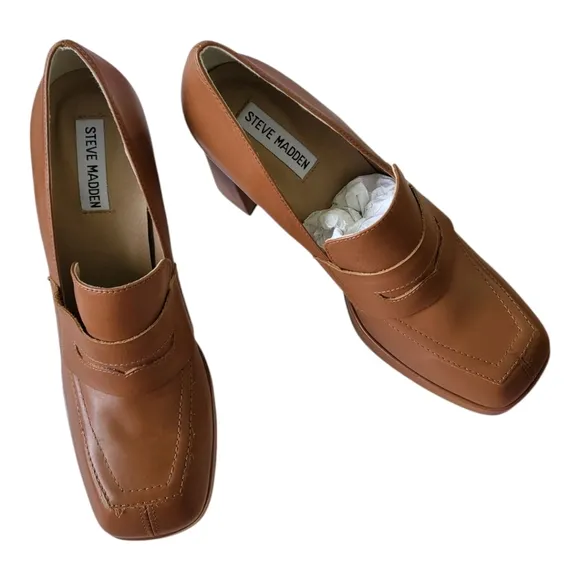 Steve Madden Carmel Brown Leather Platform Loafers Size 11 New