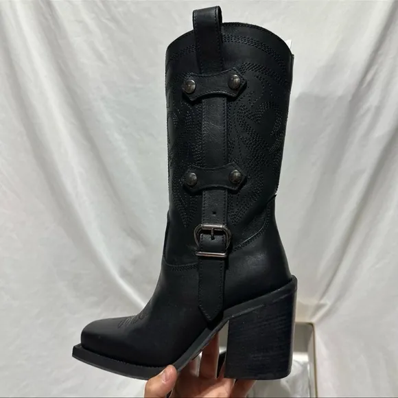 Steve Madden Jerica Black Leather Western Cowboy Boots Made in Italy