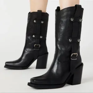 Steve Madden Jerica Black Leather Western Cowboy Boots Made in Italy