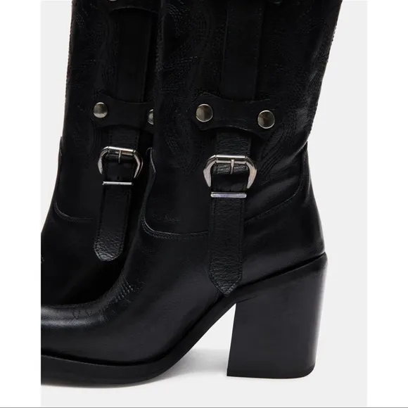 Steve Madden Jerica Black Leather Western Cowboy Boots Made in Italy