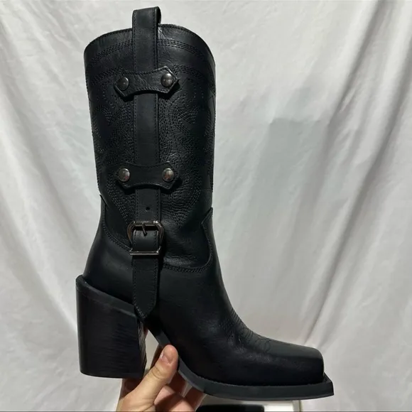 Steve Madden Jerica Black Leather Western Cowboy Boots Made in Italy