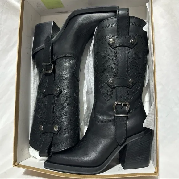 Steve Madden Jerica Black Leather Western Cowboy Boots Made in Italy