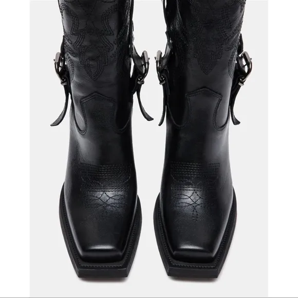 Steve Madden Jerica Black Leather Western Cowboy Boots Made in Italy