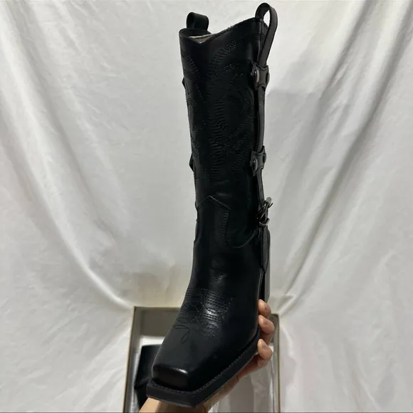 Steve Madden Jerica Black Leather Western Cowboy Boots Made in Italy