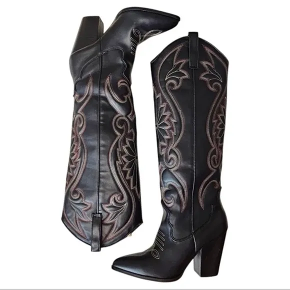 Steve Madden Lasso Women's Black Embroidered Western Cowboy Boots New