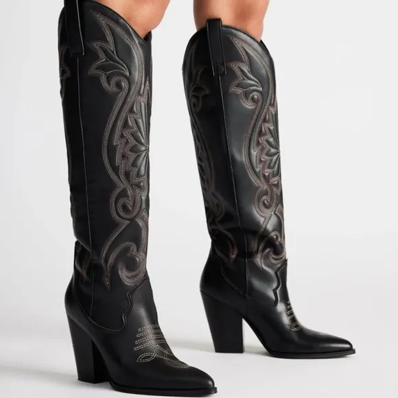 Steve Madden Lasso Women's Black Embroidered Western Cowboy Boots New