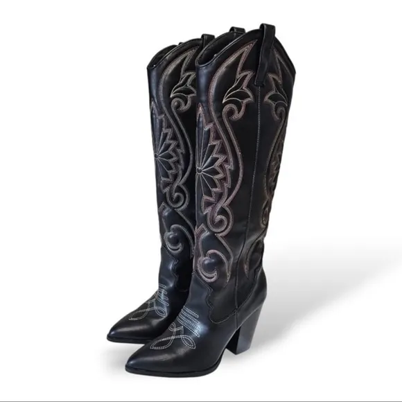 Steve Madden Lasso Women's Black Embroidered Western Cowboy Boots New