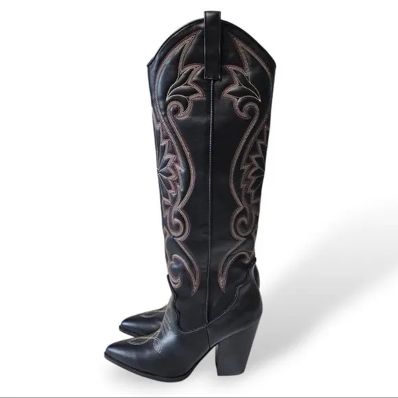 Steve Madden Lasso Women's Black Embroidered Western Cowboy Boots New